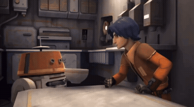 Cartoon Character Standing Next To Robot GIF