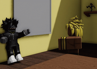 Cartoon Character Standing Next To Shelf With Picture GIF