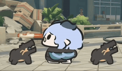 Cartoon Character Standing Next To Two Others By Boxes GIF