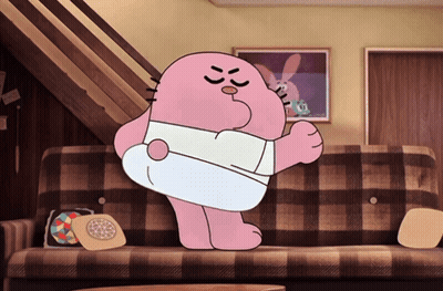 Cartoon Character Standing On Couch With Plaid Blanket GIF
