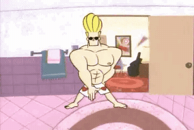 Cartoon Character Standing On Pink Rug With Legs Crossed GIF