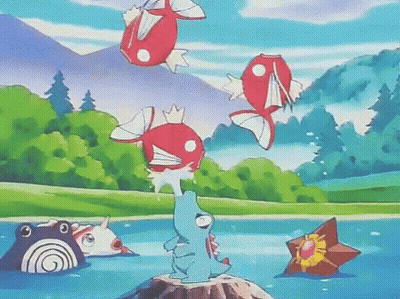 Cartoon Character Standing On Rock In Lake Surrounded By Fish GIF