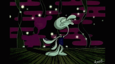 Cartoon Character Standing On Wooden Floor In Dark Room With Purple Flowers GIF