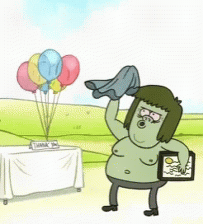 Cartoon Character Standing With Balloons And Thank Sign GIF