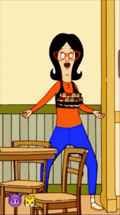 Cartoon Character Standing With Emojis By Table And Chairs GIF