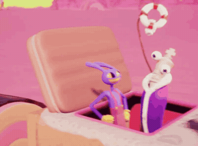 Cartoon Character Sunglasses Jester Hat Next To Wagon GIF