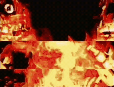 Cartoon Character Surrounded By Flames And Smoke In Dark Room GIF