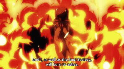 Cartoon Character Surrounded By Flames Saying And I As Well As The Soul Society Will Burn To Ashes GIF