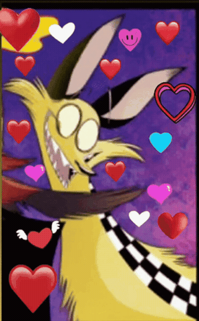 Cartoon Character Surrounded By Hearts With Checkered Scarf GIF