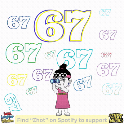 Cartoon Character Surrounded by Numbers Including 67