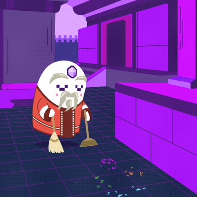 Cartoon Character Sweeping Floor With Broom On Purple GIF