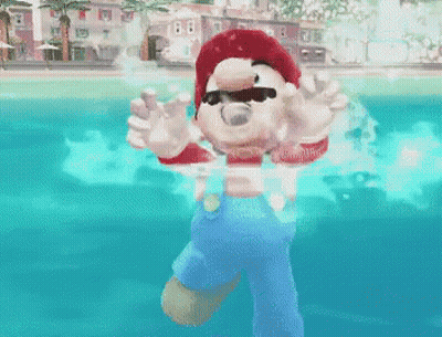 Cartoon Character Swimming In Pool With City Background GIF