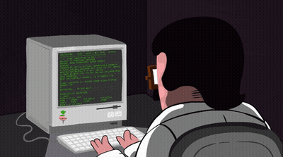 Cartoon Character Typing At Computer With Document On Screen GIF