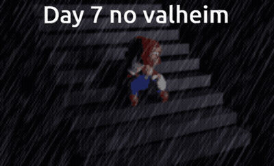 Cartoon Character Walking Down Stairs In Rain Day 7 No Valheim GIF