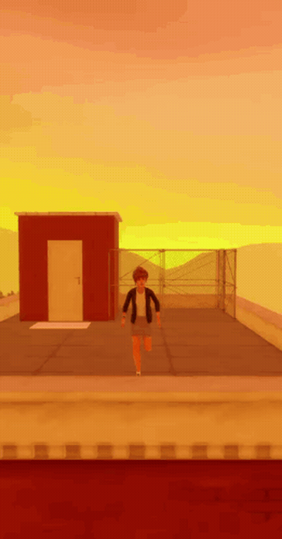Cartoon Character Walking On Rooftop At Sunset GIF