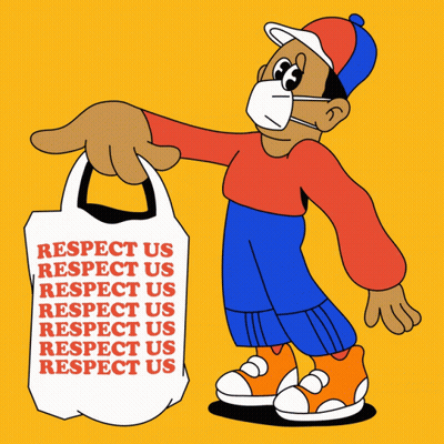 Cartoon Character Wearing Face Mask Holding Bag Saying Respect Us GIF
