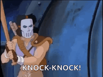 Cartoon Character Wearing Mask Holding Sword Saying Knock-Knock GIF