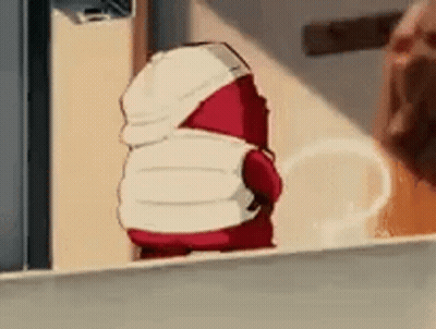 Cartoon Character Wearing Mask In Front Of Door GIF