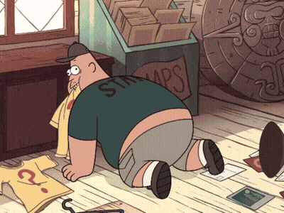 Cartoon Character Wearing Stamps Shirt GIF