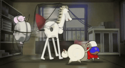 Cartoon Character With B Mask Next To White Horse GIF