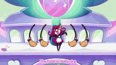 Cartoon Character With Balloon And Brooms Near Building GIF