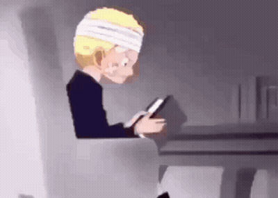 Cartoon Character With Bandage On Head Looking At Phone GIF