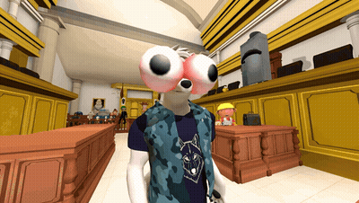 Cartoon Character With Big Eyes In Courtroom GIF