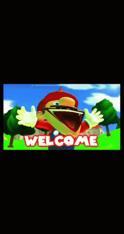 Cartoon Character With Big Mouth In Front Of Welcome Sign GIF