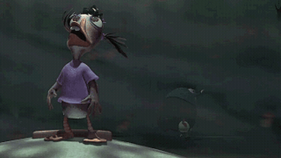 Cartoon Character With Big Nose In Blue Shirt Standing In Dark GIF