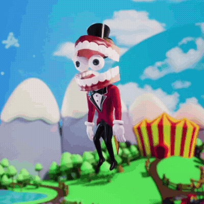 Cartoon Character With Big Teeth And Top Hat At Carnival Tent GIF