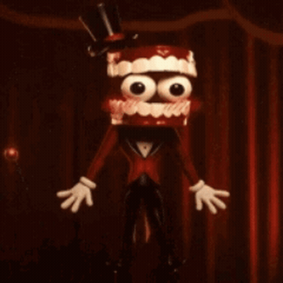 Cartoon Character With Big Teeth And Top Hat In Front Of Red Curtain Saying Shut Up GIF