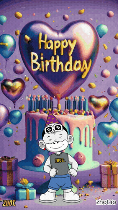 Cartoon Character With Birthday Cake And Heart Balloon Saying Happy Birthday GIF