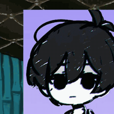 Cartoon Character With Black Hair And Sunglasses Next To Blue Curtain GIF
