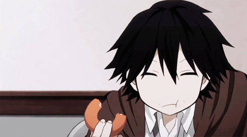 Cartoon Character With Black Hair Eating Donut GIF