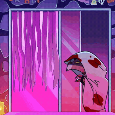 Cartoon Character With Blood In Front Of Pink Curtain GIF