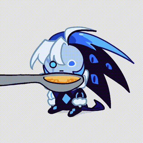 Cartoon Character With Blue Eyes Holding Spoon In Mouth GIF