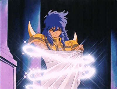 Cartoon Character With Blue Hair And Gold Armor Holding White Cloth GIF