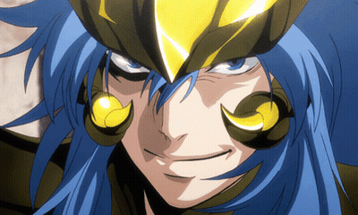 Cartoon Character With Blue Hair and Gold Helmet