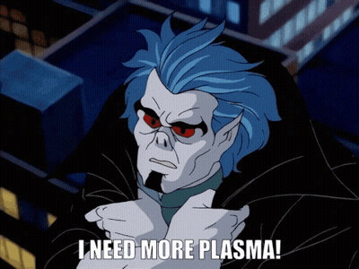 Cartoon Character With Blue Hair And Red Eyes Says I Need More Plasma GIF