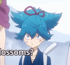 Cartoon Character With Blue Hair Blossoms GIF