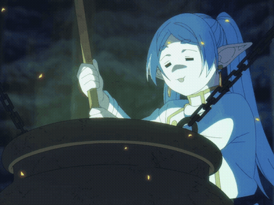 Cartoon Character With Blue Hair Cooking In Cauldron GIF