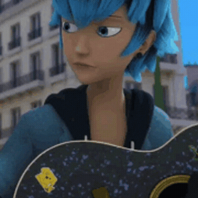 Cartoon Character With Blue Hair Holding Guitar GIF