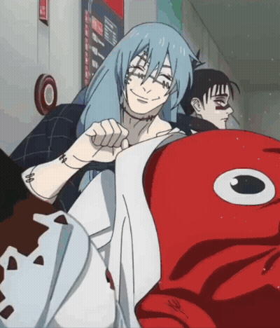 Cartoon Character With Blue Hair Holding Red Octopus GIF