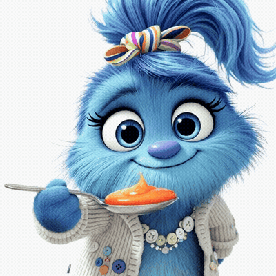 Cartoon Character With Blue Hair Holding Spoon Of Food GIF