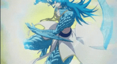 Cartoon Character With Blue Hair Holding Sword GIF