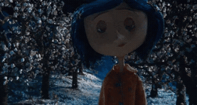 Cartoon Character With Blue Hair In Snowy Forest At Night GIF