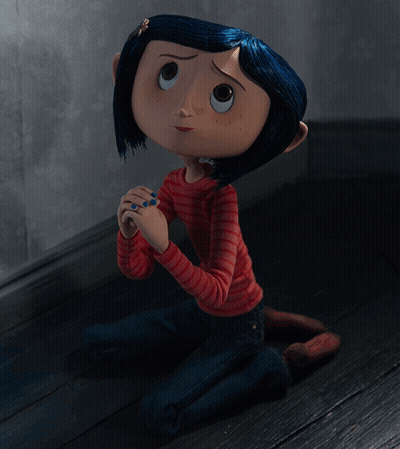 Cartoon Character With Blue Hair Kneeling With Hands Folded GIF