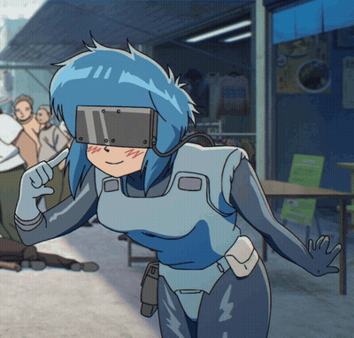 Cartoon Character With Blue Hair Wearing VR Headset GIF