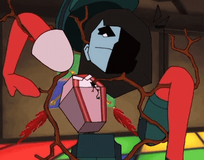 Cartoon Character With Box In Chest Surrounded By Branches GIF