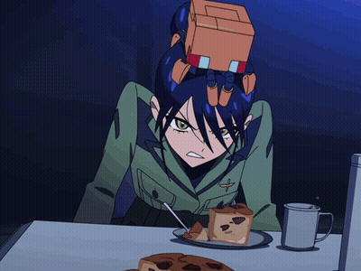 Cartoon Character With Box On Head Looking At Cake GIF